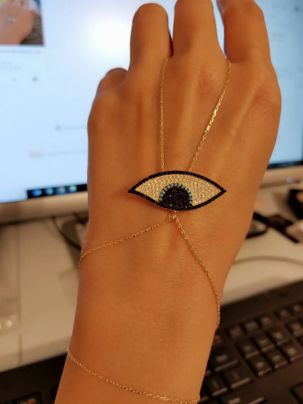 Ra Charm Zirconia Eye Evil 925 Bracelet Sterling Gold Silver Chain Hand Lucky