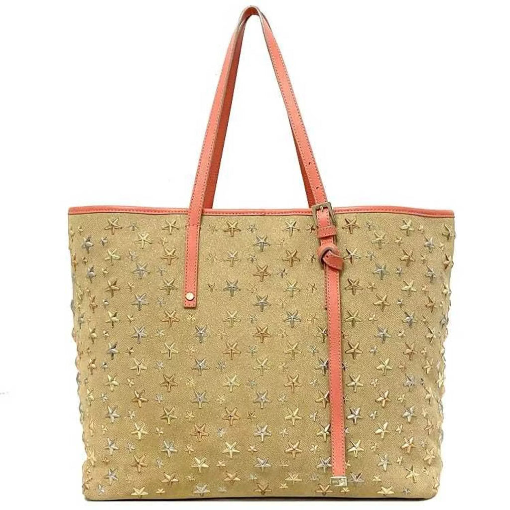 (Good) Bag Star Choo Leather Canvas Pre-Owned Silver Jimmy Sarah Studs Beige Women's Tote Pink