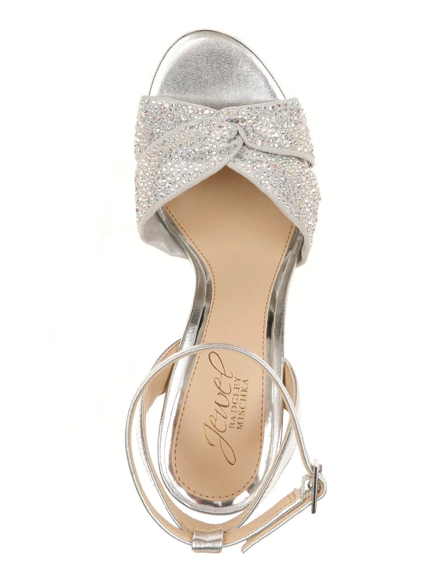 Rhinestone Round Silver BADGLEY Dress Toe JEWEL Twisted M Block Ankle MISCHKA Buckle Adjustable Strap Heeled Sandal Nicoline Metallic Strap Heel Strap Womens Padded 7.5