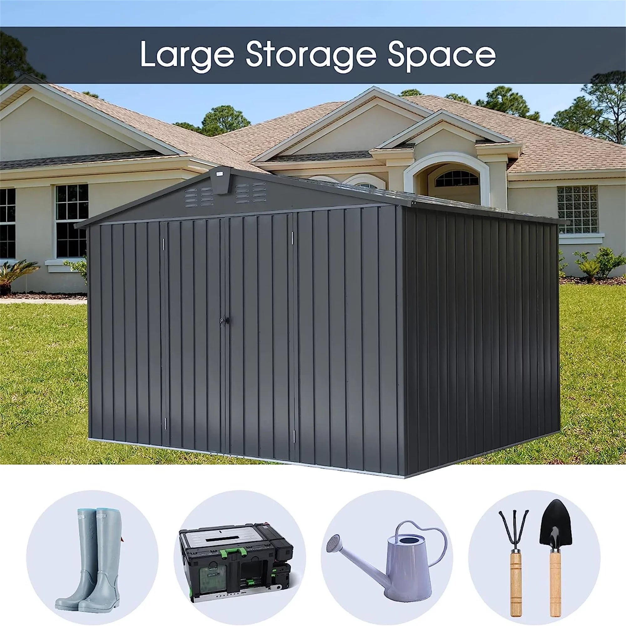 Lawn Door 8', with CoSoTower Metal Steel Trash for Lockable Outdoor Storage Shed Cabinet 10'X for Patio, Black) Bike, Garden Storage Backyard, Outdoor (10X8ft, Shed Galvanized Can, Tools,