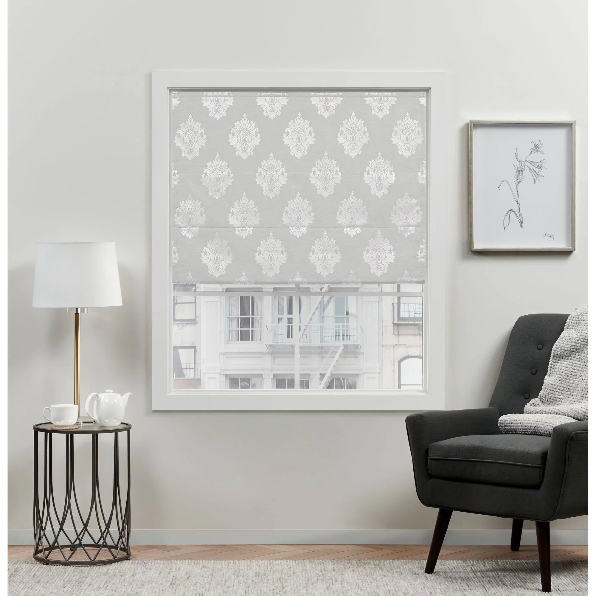 Silver Damask Exclusive Home 34"x64", 100% Marseilles Roman Shade, Blackout