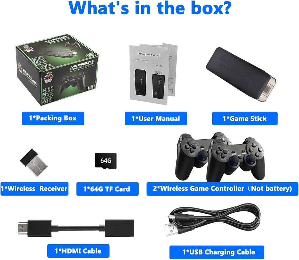 HD Built and with 4K Game Game Output Play 2.4GHz Retro Video 10000+ Emulators, in Wireless 9 Controllers Stick,Wireless Game (64G) Stick Retro Plug Console Games,