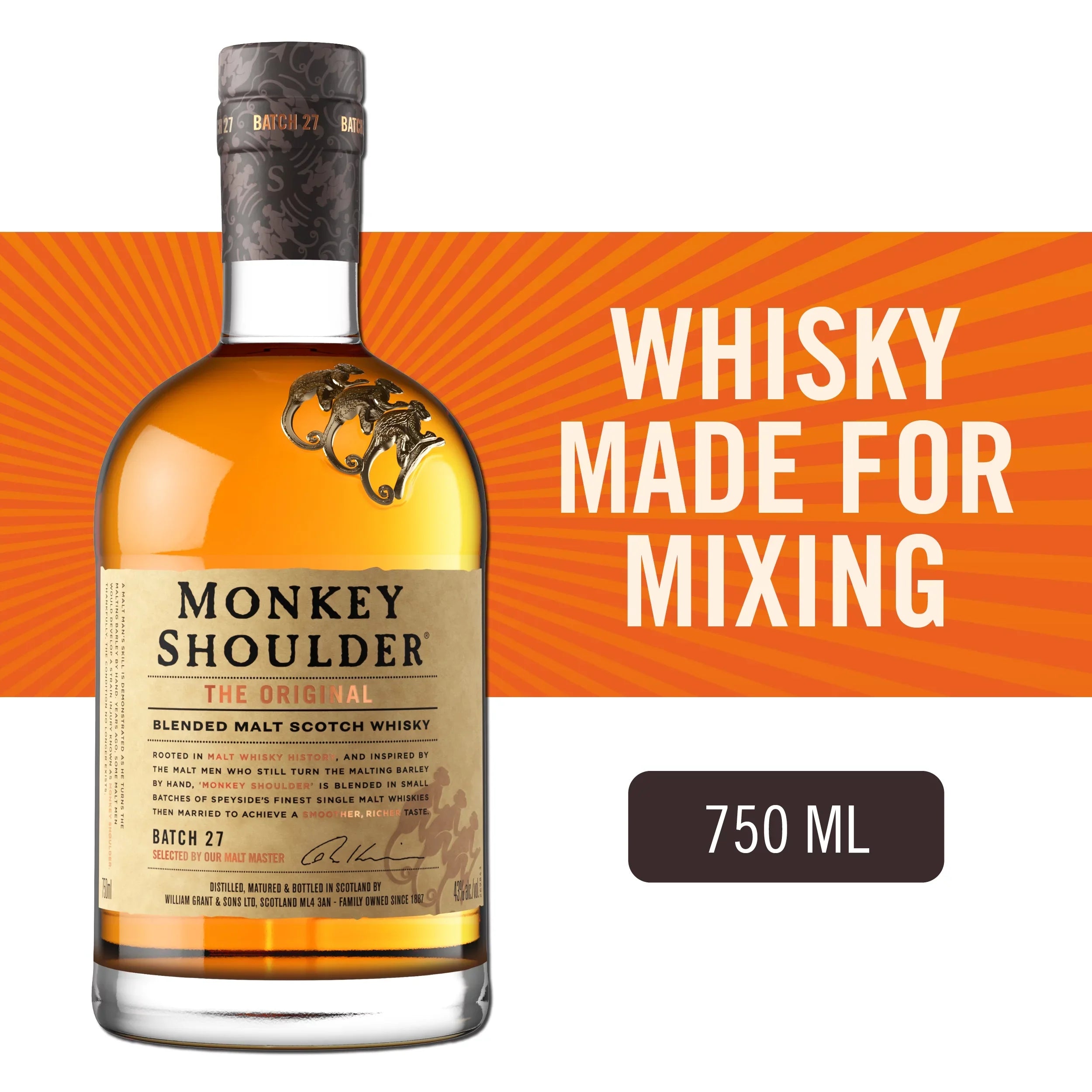 Whisky, Scotch Glass Proof 750ml Monkey 43% Bottle, Shoulder 86 ABV