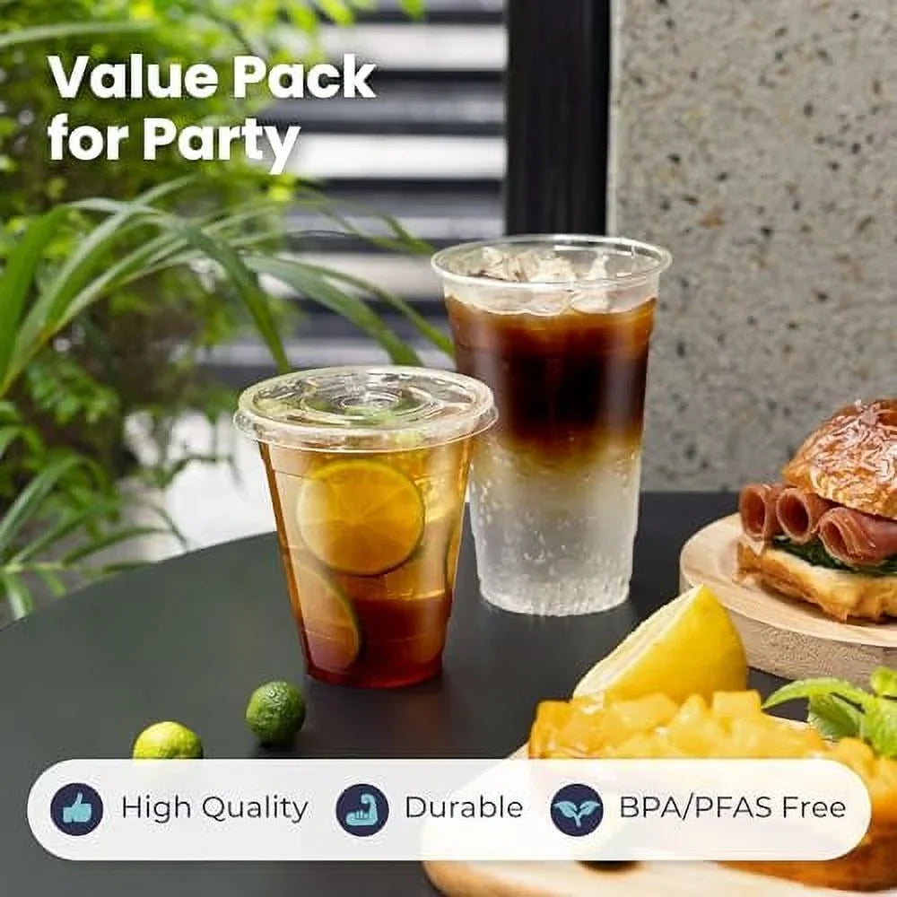 Tea for Premium Cups, 32 Lemonade oz Bubble Milkshake, BPA Stand, Drinks, Clear Juice, Coffee Free Party, Pack] Cold Smoothie Plastic Iced [50 Crystal Boba, with Cups Cup Disposable Flat Lids,