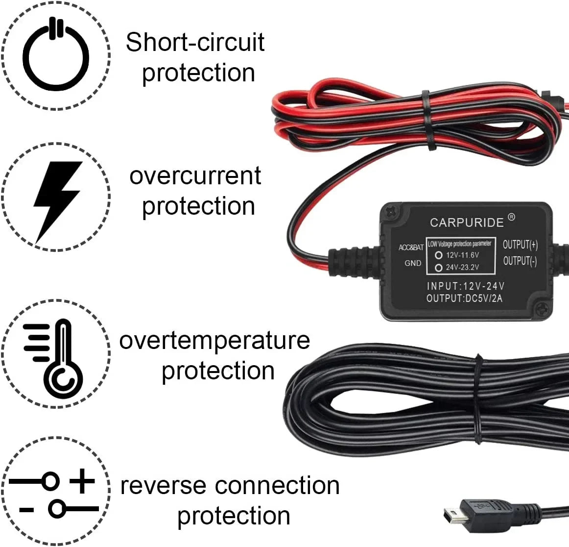 Hardwire Max Dash Dash with Port, DC Camera Charger to Cam - Fuse, Low Car Cable Mini kit 12V 5V/2A 24V USB Kit,