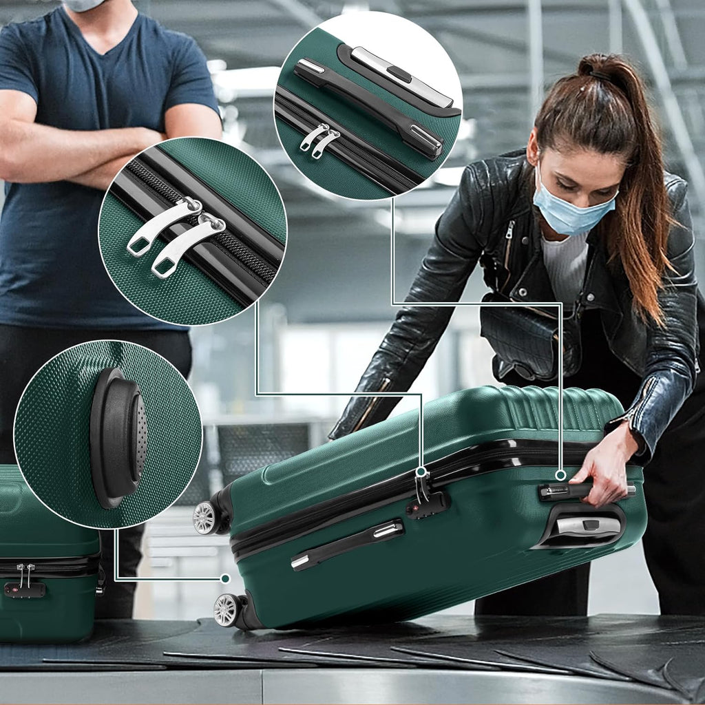 Suitcase Green Wheels lock, Carry Hardside Spinner ABS Luggages for Portable of with Lightweight Sets 3 - Dark & Set on TSA Business Luggage Travel (20/24/28)