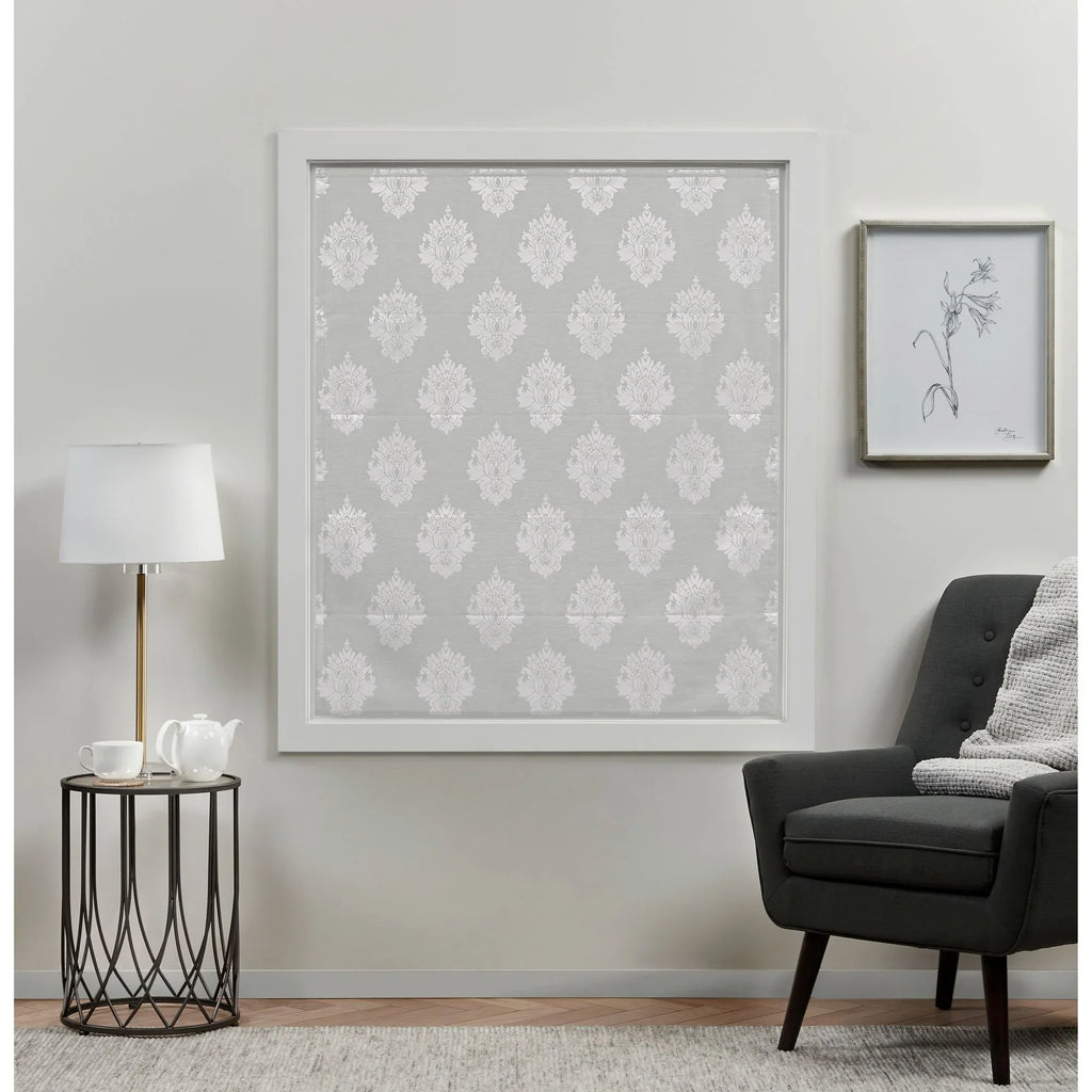 Silver Damask Exclusive Home 34"x64", 100% Marseilles Roman Shade, Blackout