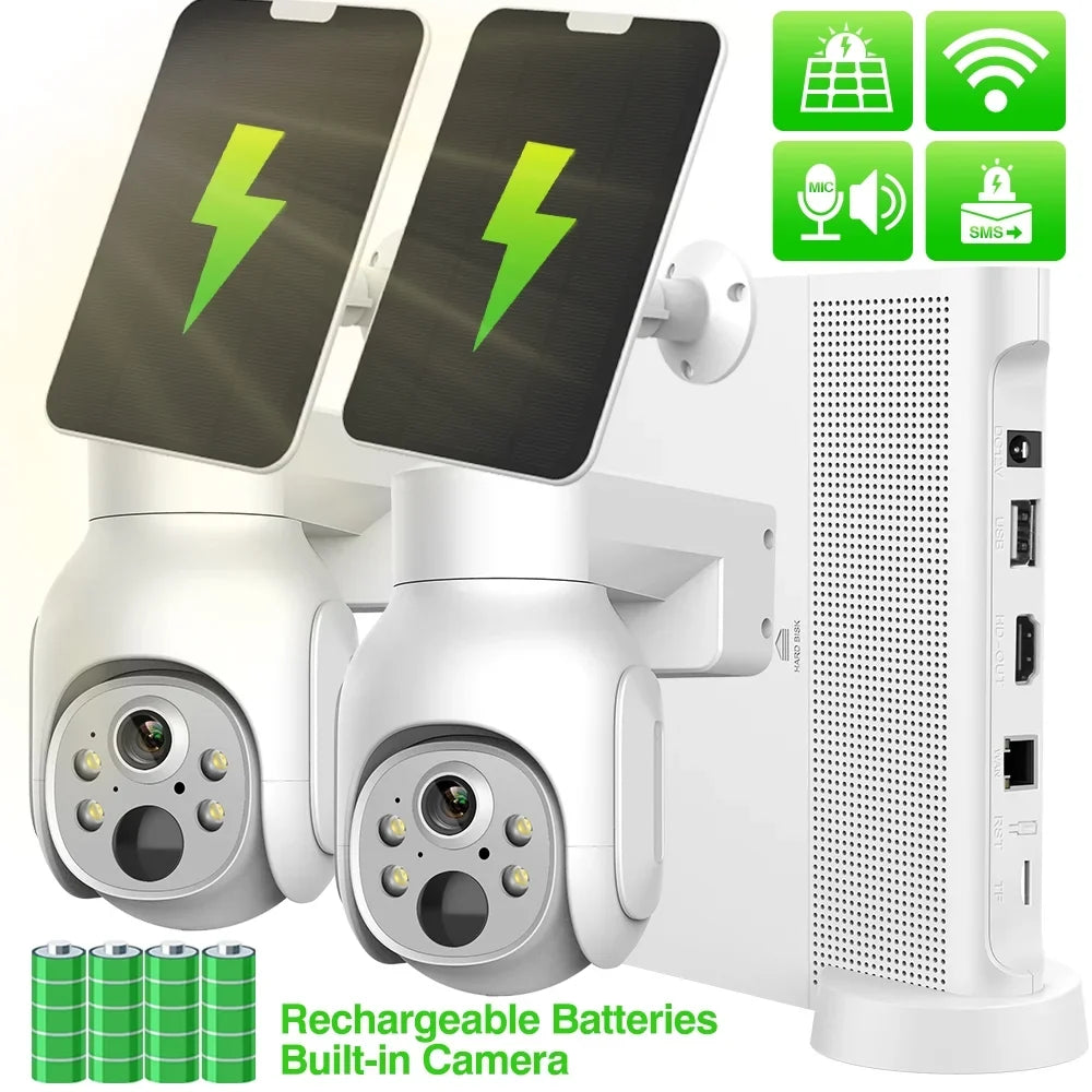 4MP Panels 10CH NVR IP HDD Battery System 2.5inch Wireless Solar with WiFi 2Pcs , Camera PTZ CCTV KIT