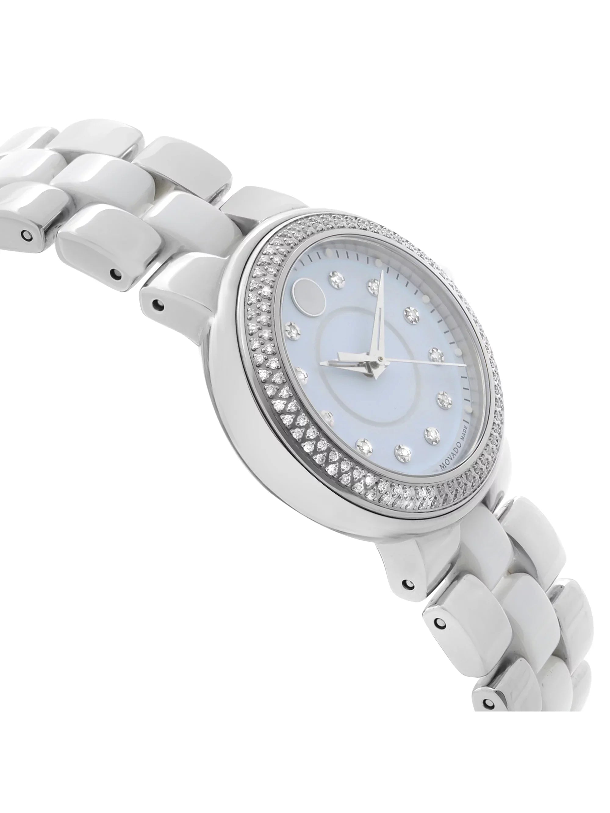 Diamond Bezel Cerena Ceramic Movado White Watch 28mm Steel 0606931 Ladies Pre-Owned Quartz