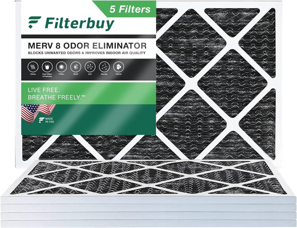 Filters Air 12x20x1 Furnace Odor HVAC (5-Pack) AC MERV with Filterbuy Activated 8 Pleated Carbon Eliminator
