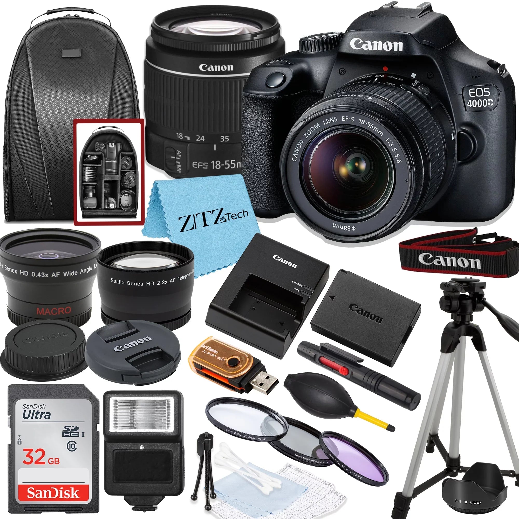 Lens, Camera 4000D and Bundle Tripod, ZeeTech Rebel with Backpack DSLR SanDisk 18-55mm Canon T100 32GB / Memory, EOS