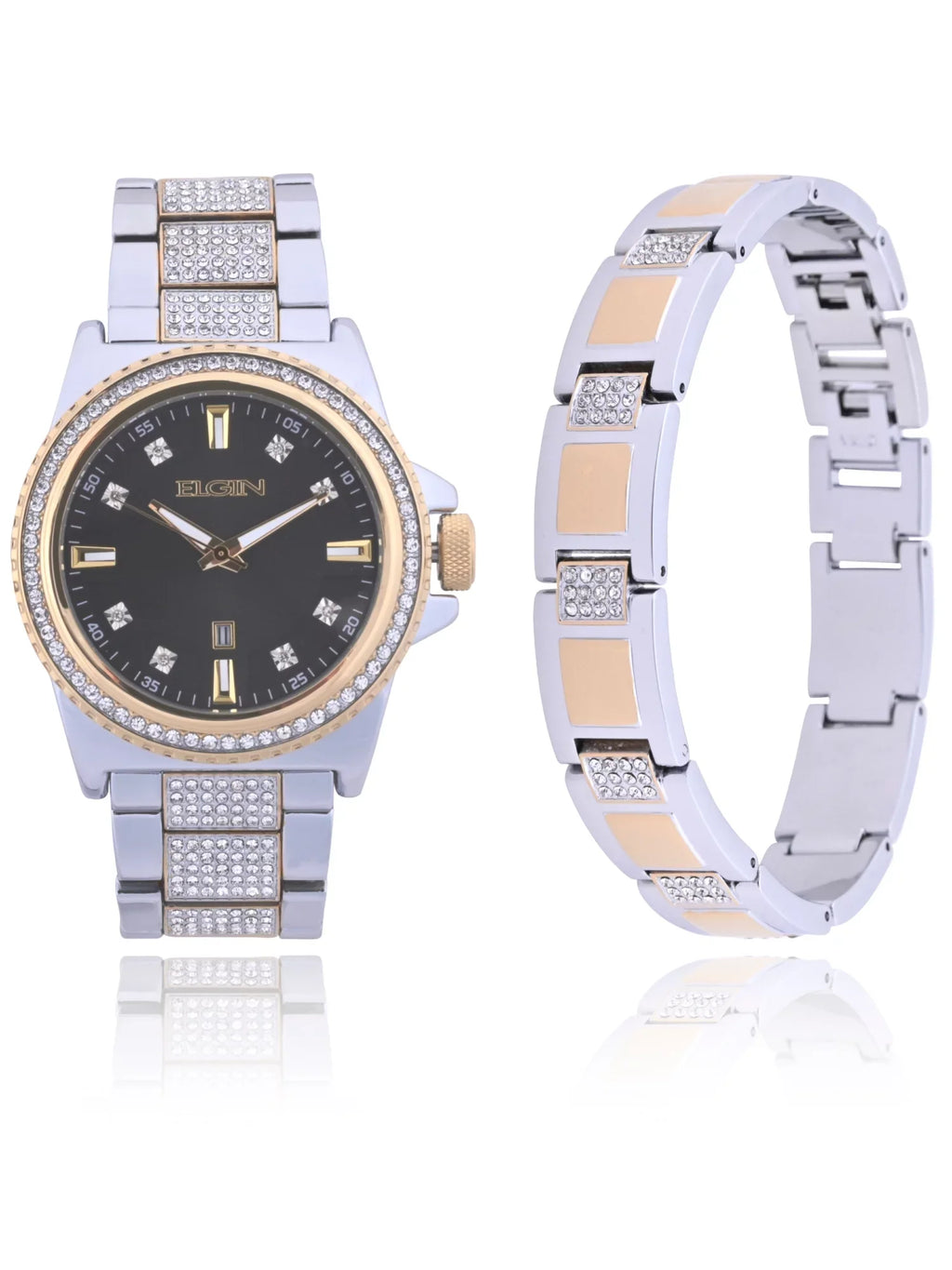 Silver and Adult and Watch Male with in Case Gold Elgin Alloy (FG180015ST) Set Bracelet Stones and