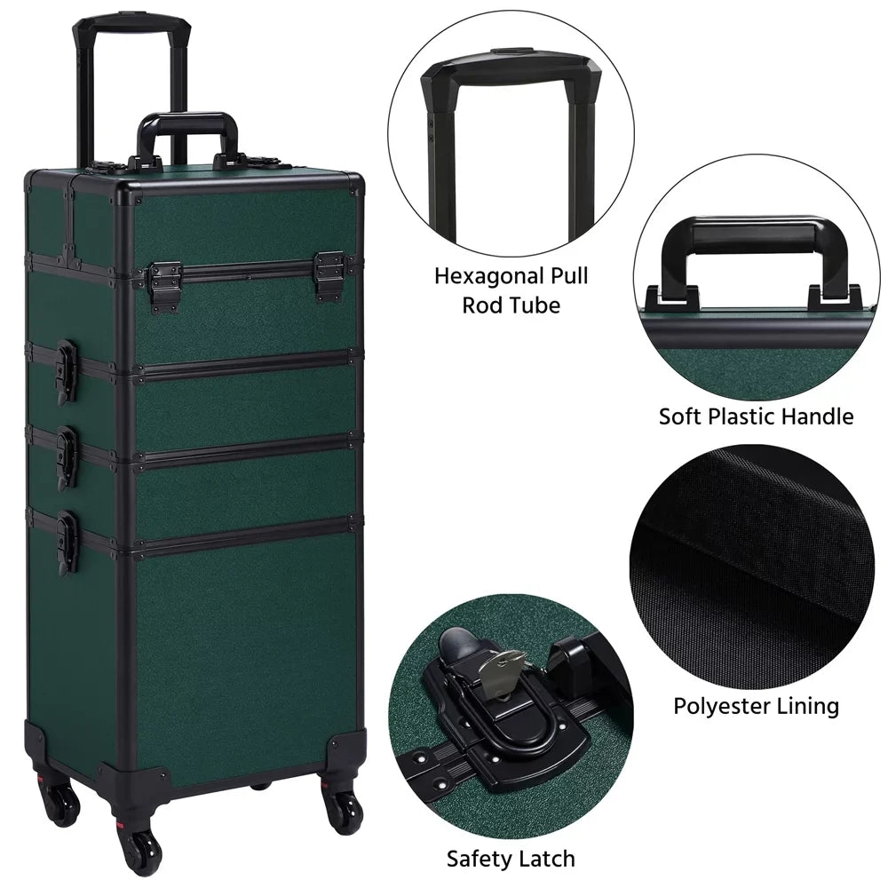 Makeup Green Aluminum Alden Case, Travel Professional Cosmetic Design 4-in-1 Dark