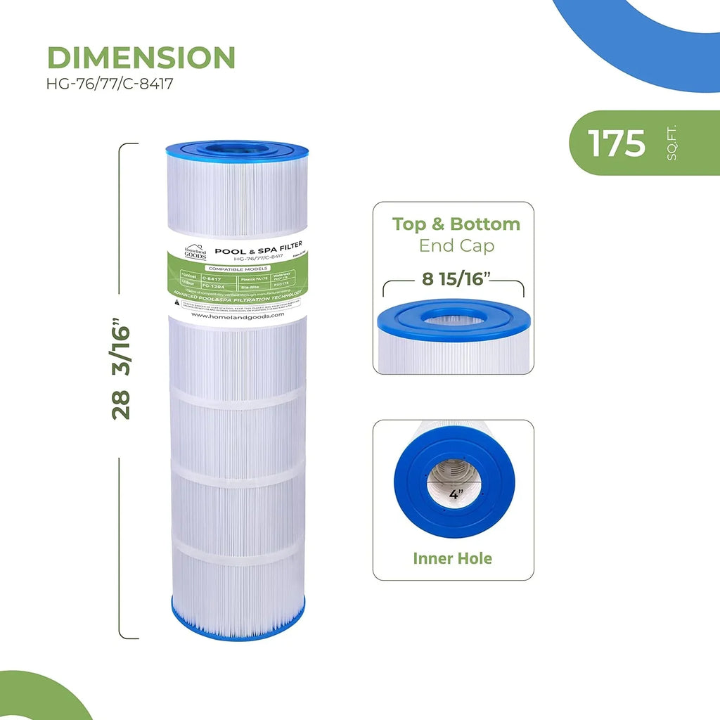 sqft C-8417, 8 15/16" Sta-Rite 3/16" Waterway Homeland 175, 1PK Goods Filter x Filbur 28 Hayward 175 PA175, 25230-0175S, C1750, FC-1294, PCCF-175, Pool Unicel CX1750RE, PLF175A PXC 817-0175P, Replaces