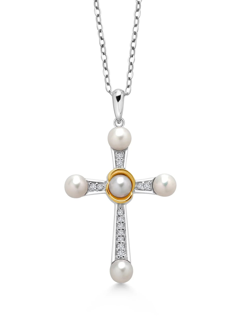 inch Round Necklace Lab and Cttw, King Gold Stone Diamond for Cultured Pearls, Gem Chain) Cross Yellow 10K Freshwater 18 (0.10 Pearl 925 Women 4-4.5MM Silver and Pendant Grown