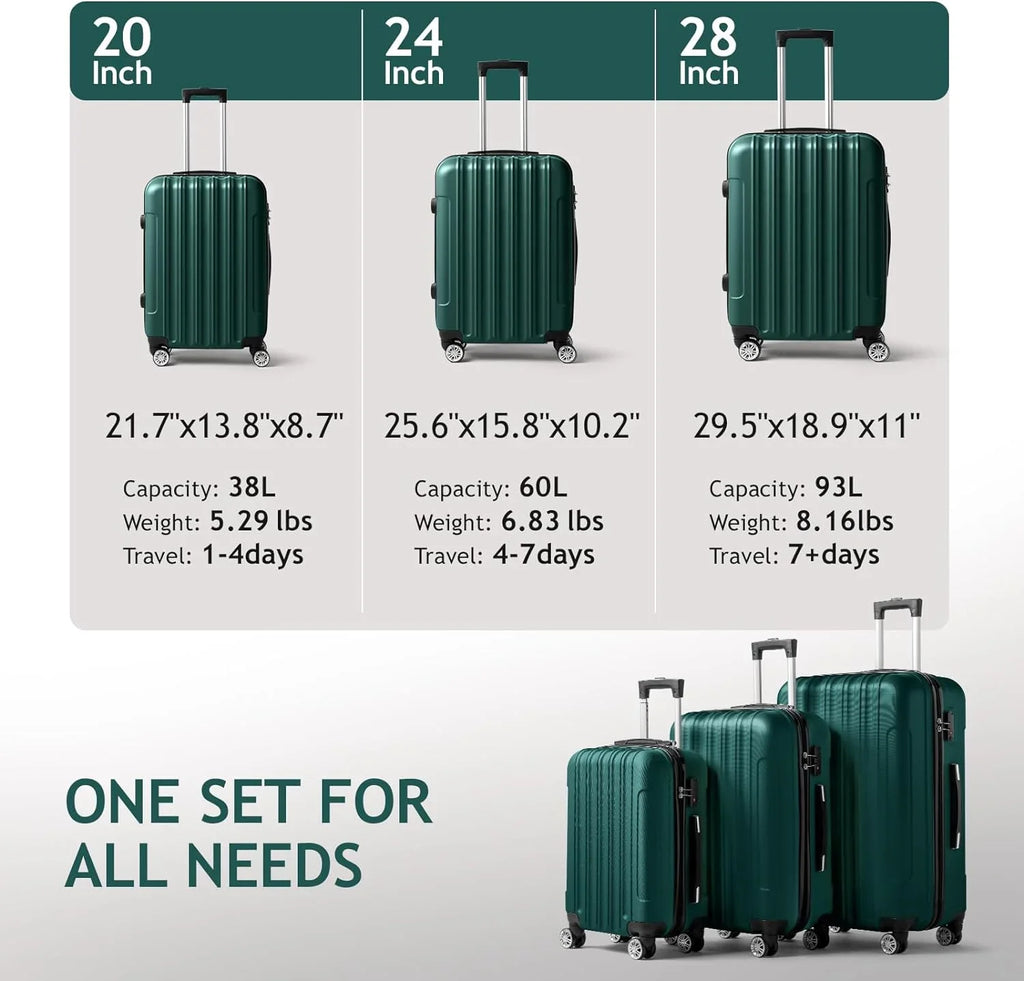 Suitcase Green Wheels lock, Carry Hardside Spinner ABS Luggages for Portable of with Lightweight Sets 3 - Dark & Set on TSA Business Luggage Travel (20/24/28)