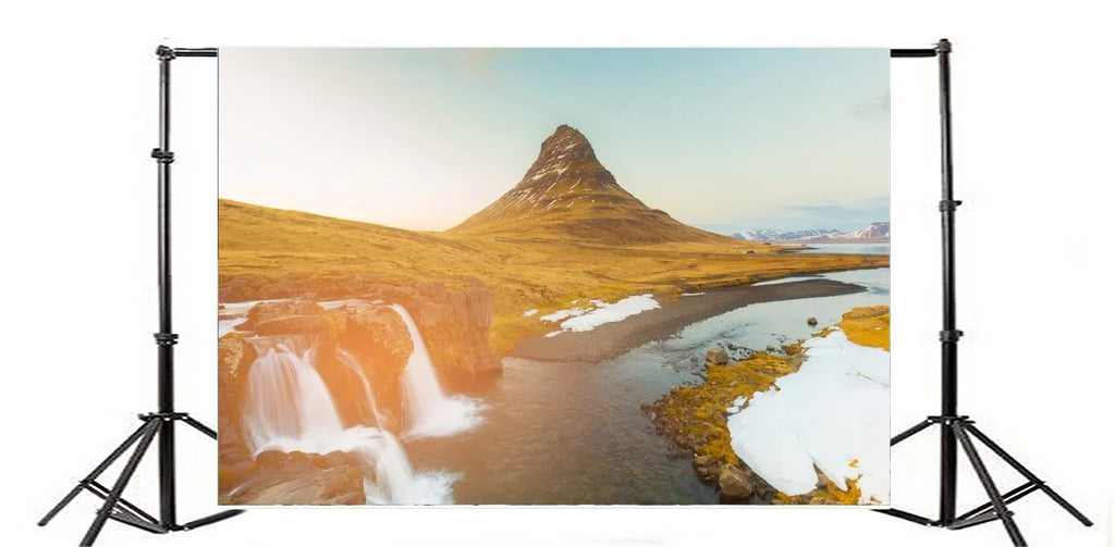 HelloDecor Adults Lawn Photography Background Kirkjufellsfoss Studio Blue Props Grass Nature Cascade Photo Travel Landscape Kids Outdoor Mountain Iceland Backdrop 7x5ft Sky