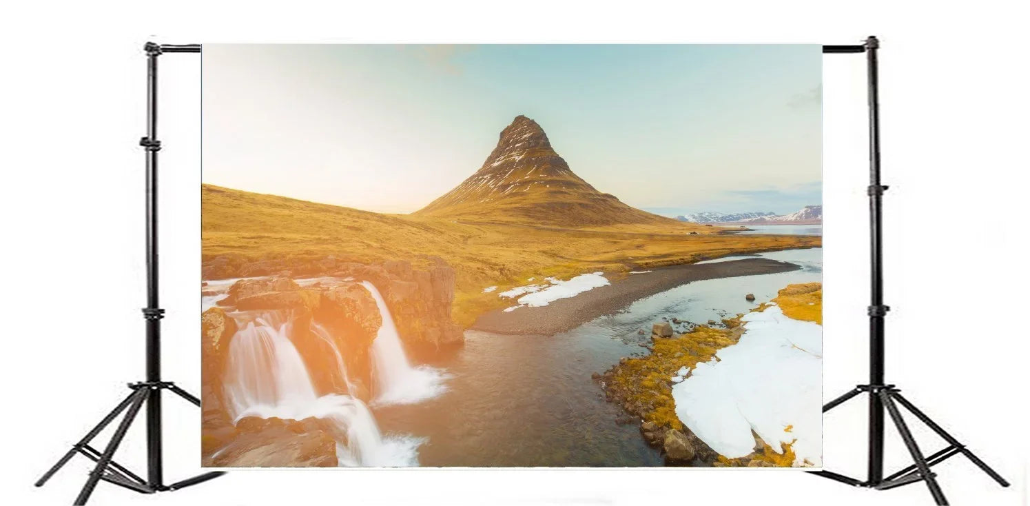 HelloDecor Adults Lawn Photography Background Kirkjufellsfoss Studio Blue Props Grass Nature Cascade Photo Travel Landscape Kids Outdoor Mountain Iceland Backdrop 7x5ft Sky