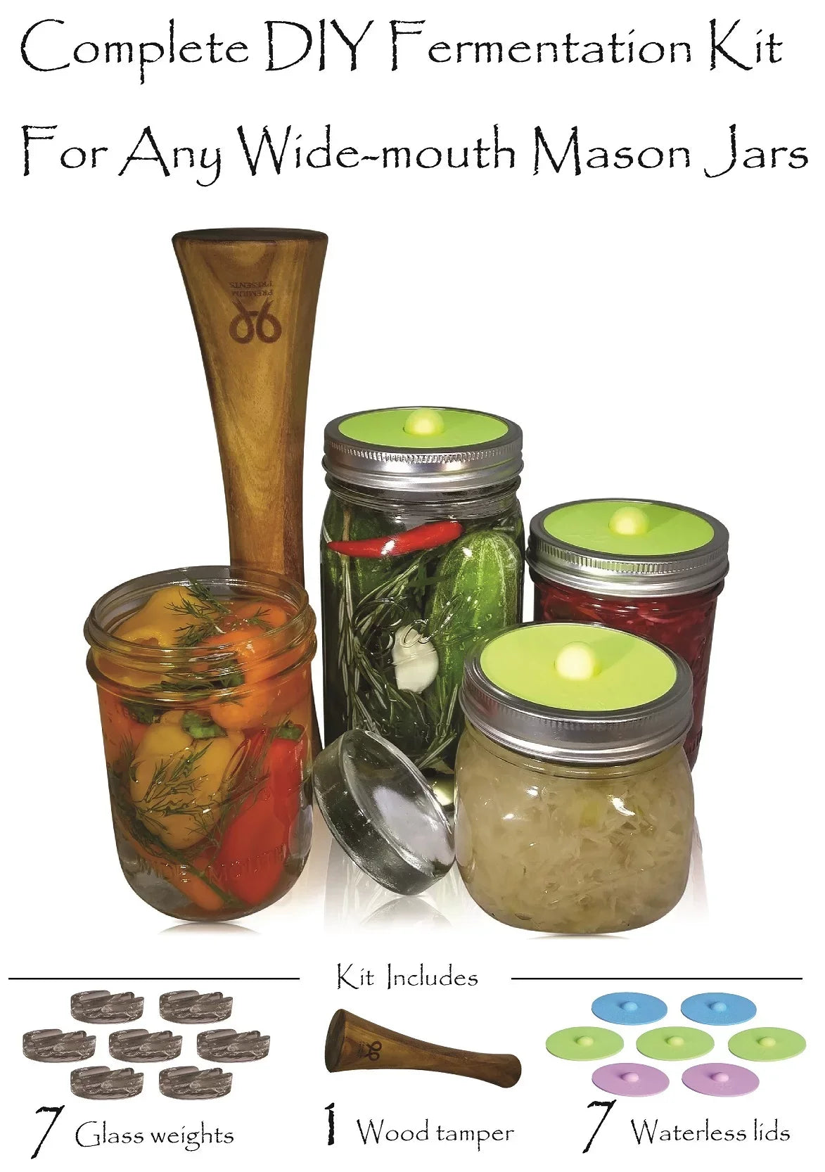 and wide kit. pickles, fermentation pickling tamper, for DIY 7 sauerkraut, recipe jars included. etc mouth Complete Canning for kit Glass weights, sets or mason for lids, making jars kimchi, airlock