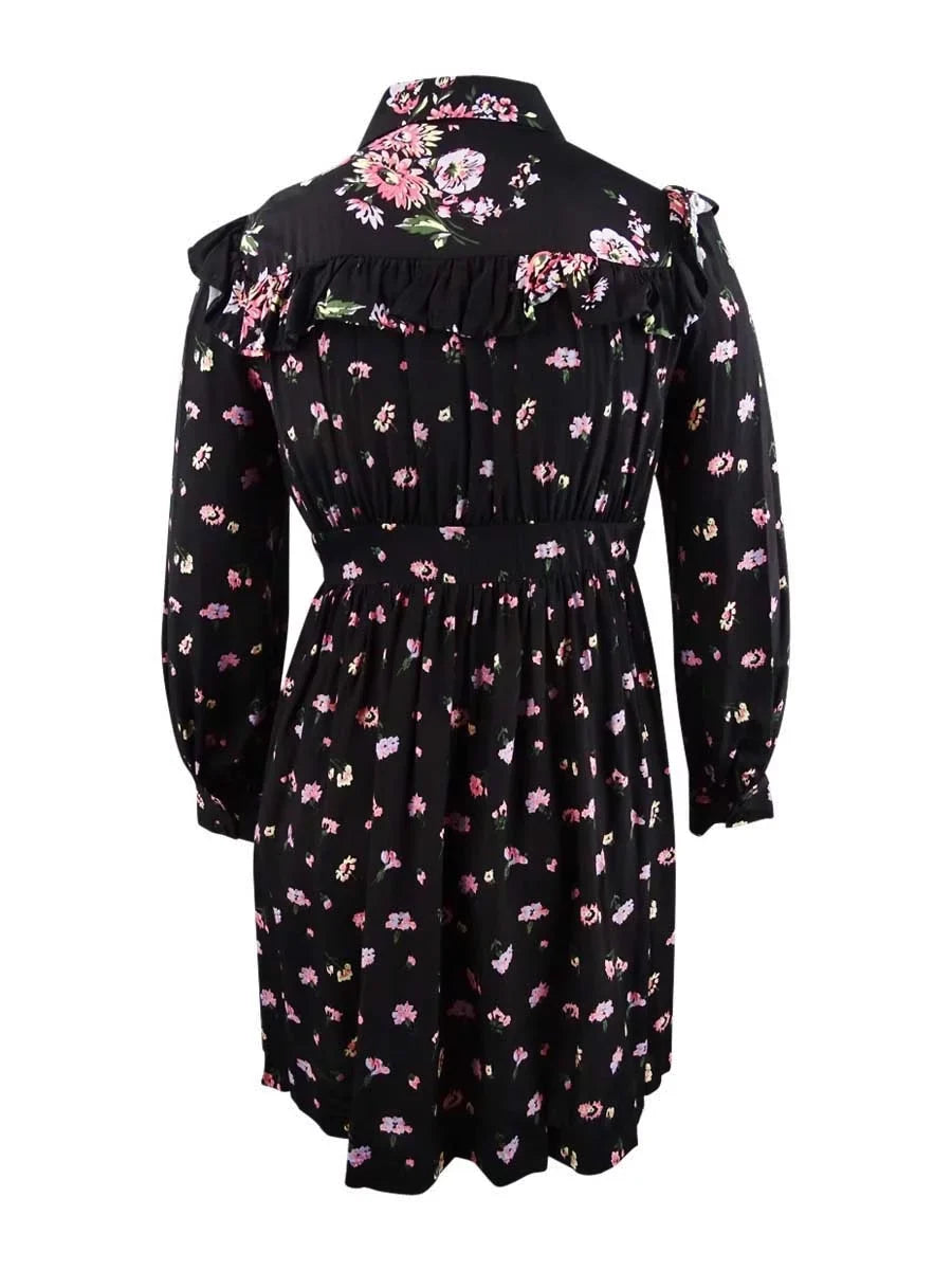 Sleeve STUART JILL L Printed Black Dress Womens Shirt Ruffled Long