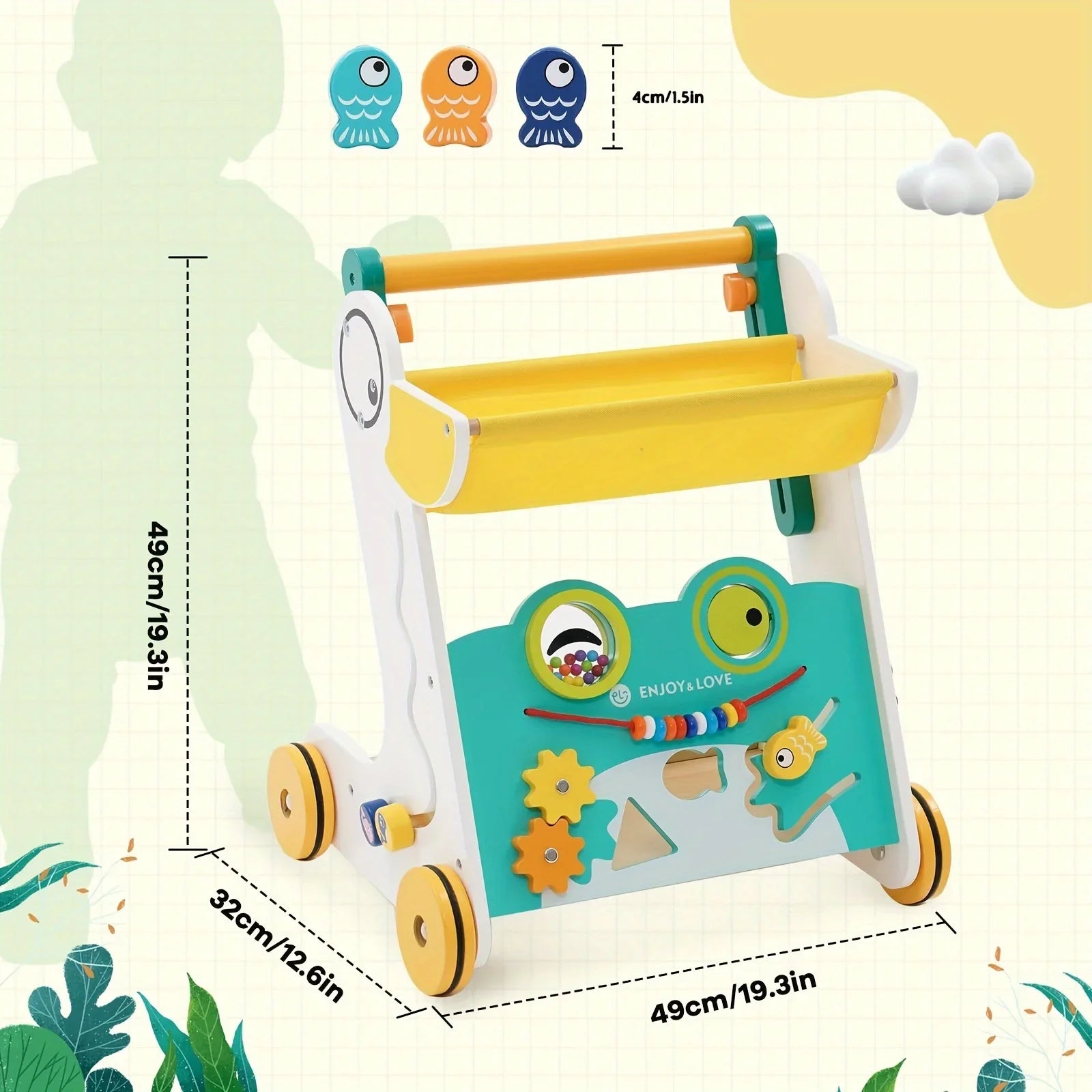 Sit-to-Stand Baby Kids Push Wooden Walker Multiple Shape Walker Baby Learning Entertainment Toy Xylophone Girls with Push Along Infants Activity Center for Toddler Boys Fishing Sorter Trolley