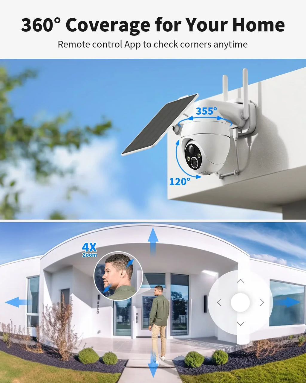 Security Solar Wireless IP65 with HD Outdoor 2.4GHZ Pan Color Spotlight 2K PIR Security with Outdoor Digital Detection, Ultra Vision, Wi-Fi, Waterproof Camera Tilt, Zoom, Cameras 4X Night