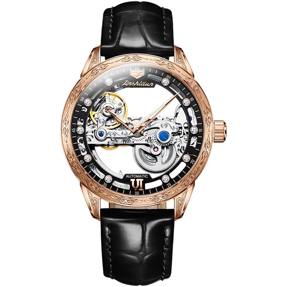 Rose Watch Mechanical Men's Black Luminous Skeleton Transparent Automatic