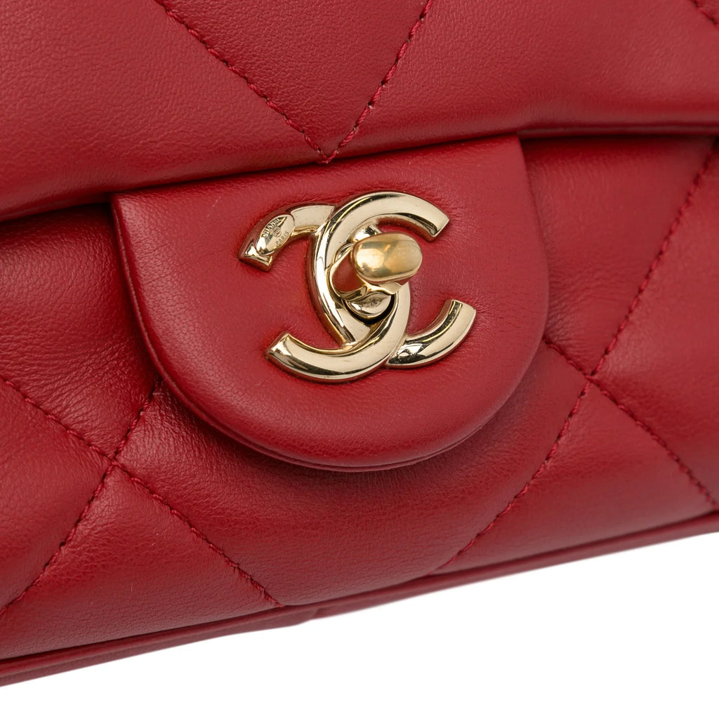 Bag Satchel Unisex Easy Pre-Owned Lambskin Carry (Good) Flap Authenticated Small Leather Chanel Red