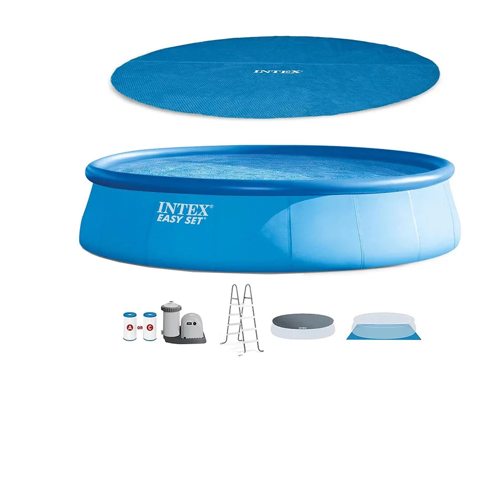 Ground & Frame Inflatable x Cover 18ft Pump Metal Round Pool with Ladder, Intex Above 48in