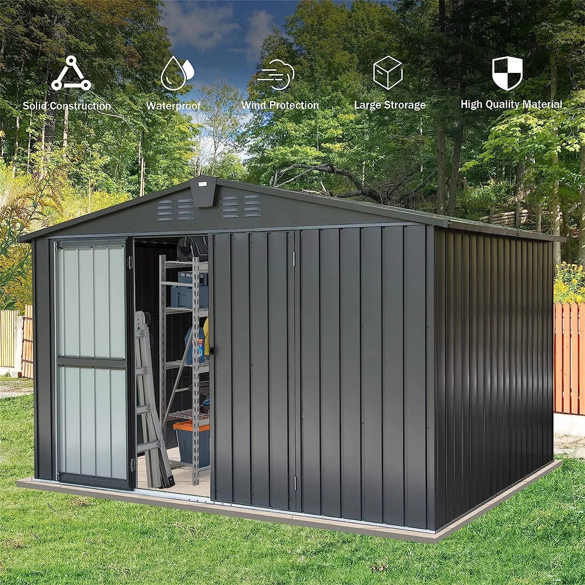 Lawn Door 8', with CoSoTower Metal Steel Trash for Lockable Outdoor Storage Shed Cabinet 10'X for Patio, Black) Bike, Garden Storage Backyard, Outdoor (10X8ft, Shed Galvanized Can, Tools,