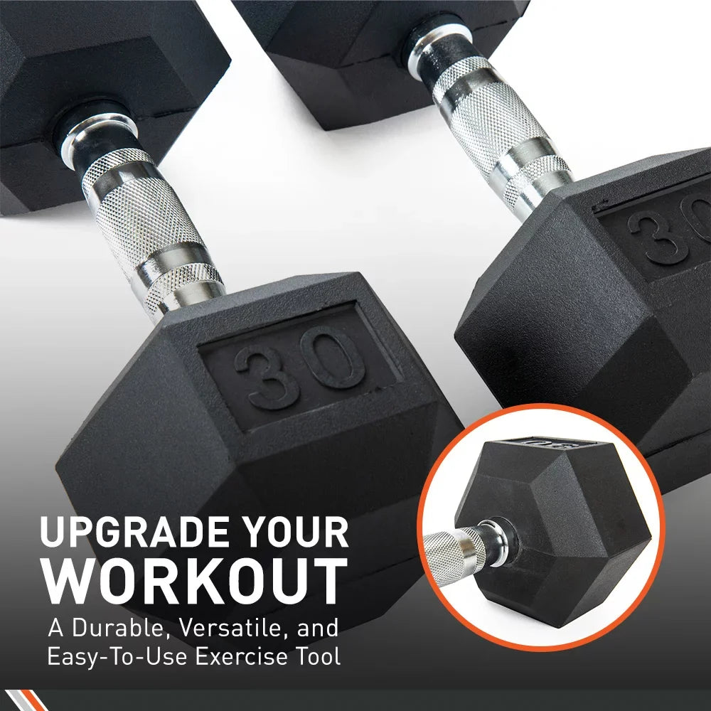 Sport Set of Black/Metal Pounds - Dumbbell 20 Rubber Body Encased - Two - Hex