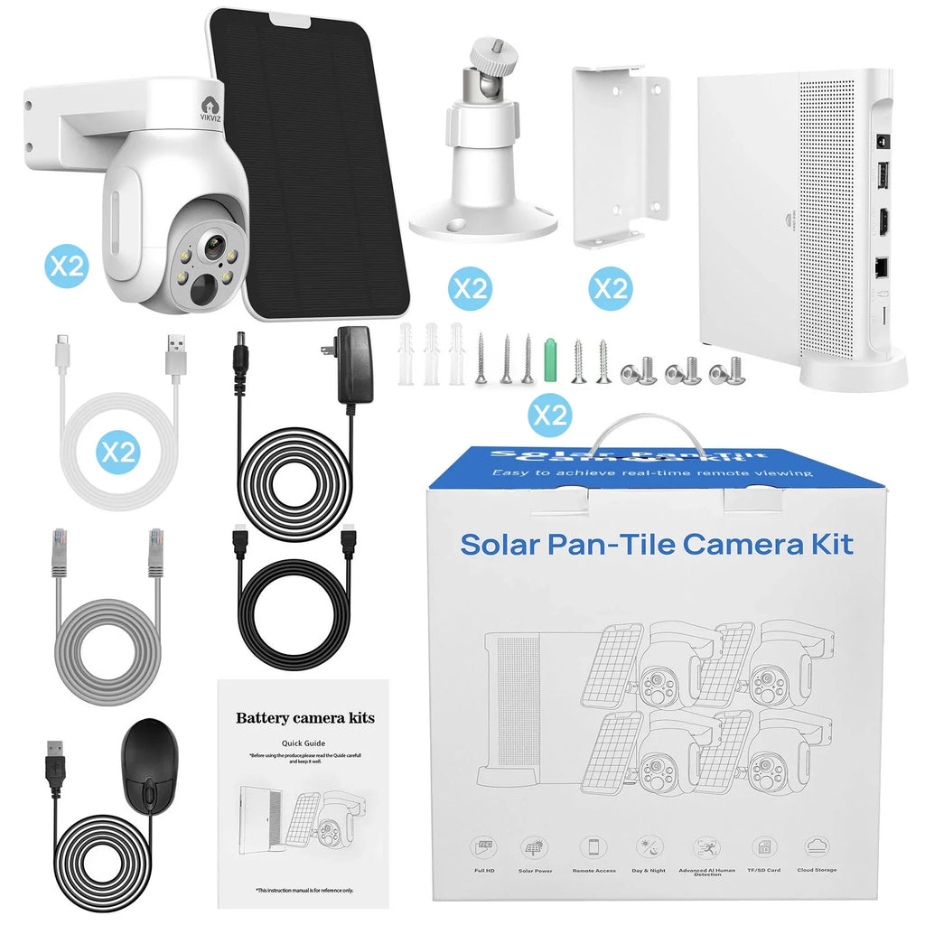 4MP Panels 10CH NVR IP HDD Battery System 2.5inch Wireless Solar with WiFi 2Pcs , Camera PTZ CCTV KIT