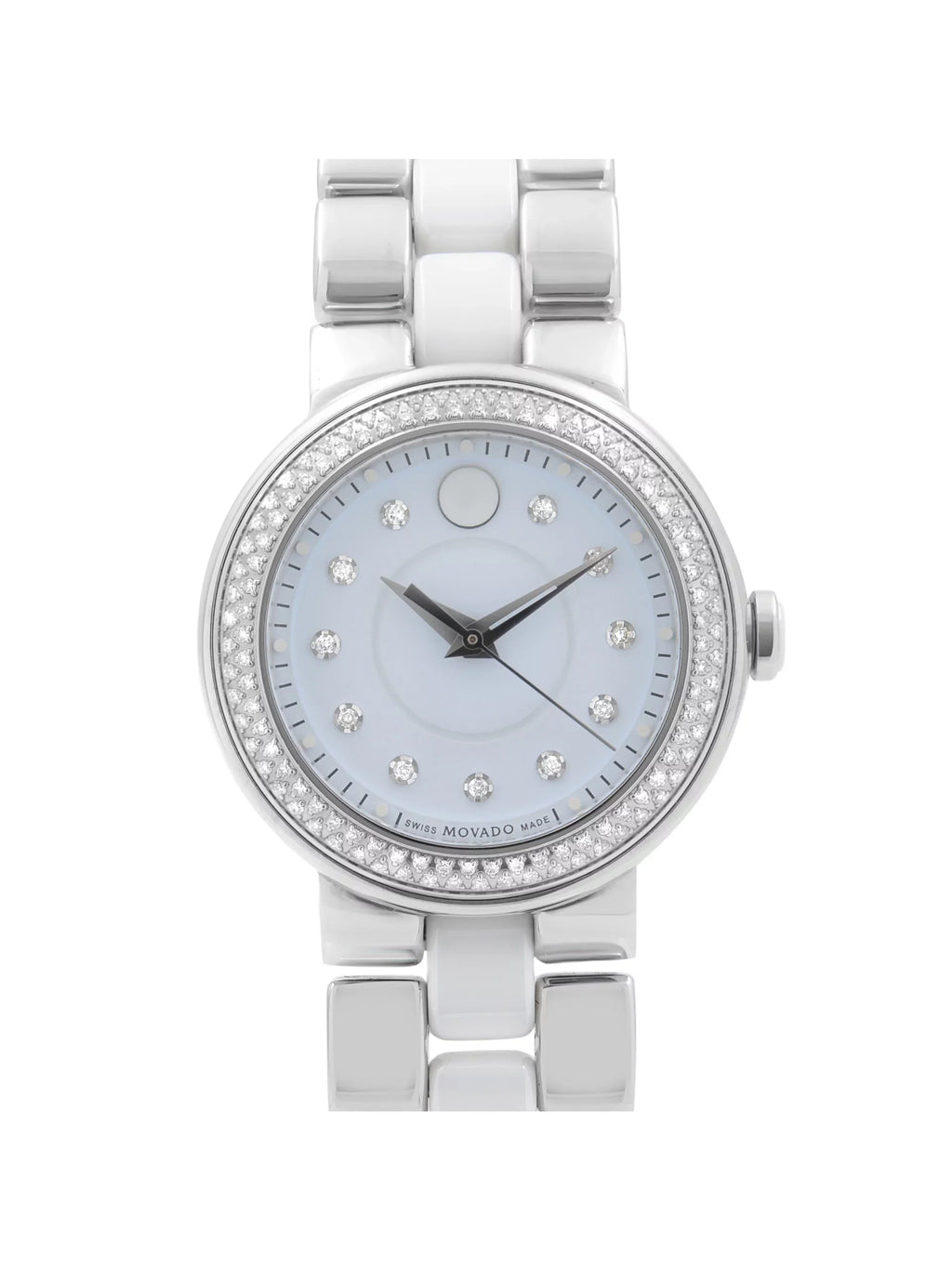 Diamond Bezel Cerena Ceramic Movado White Watch 28mm Steel 0606931 Ladies Pre-Owned Quartz