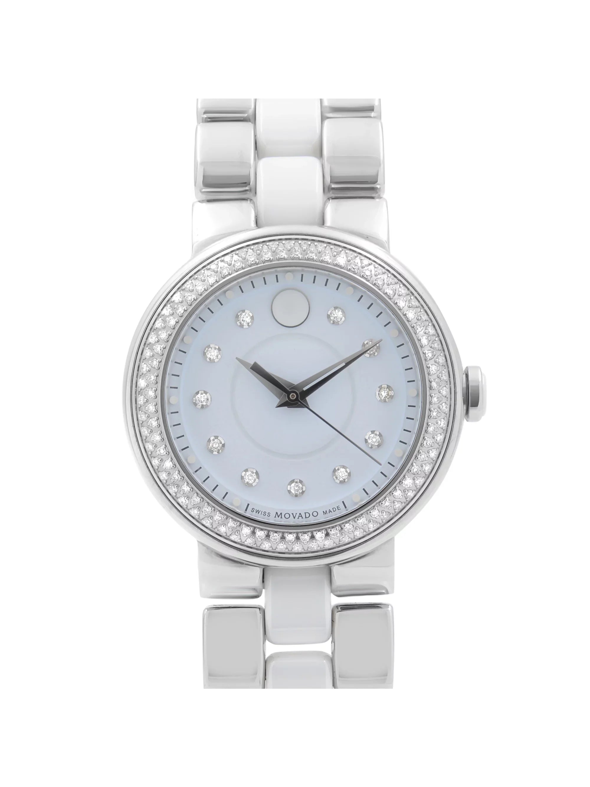 Diamond Bezel Cerena Ceramic Movado White Watch 28mm Steel 0606931 Ladies Pre-Owned Quartz