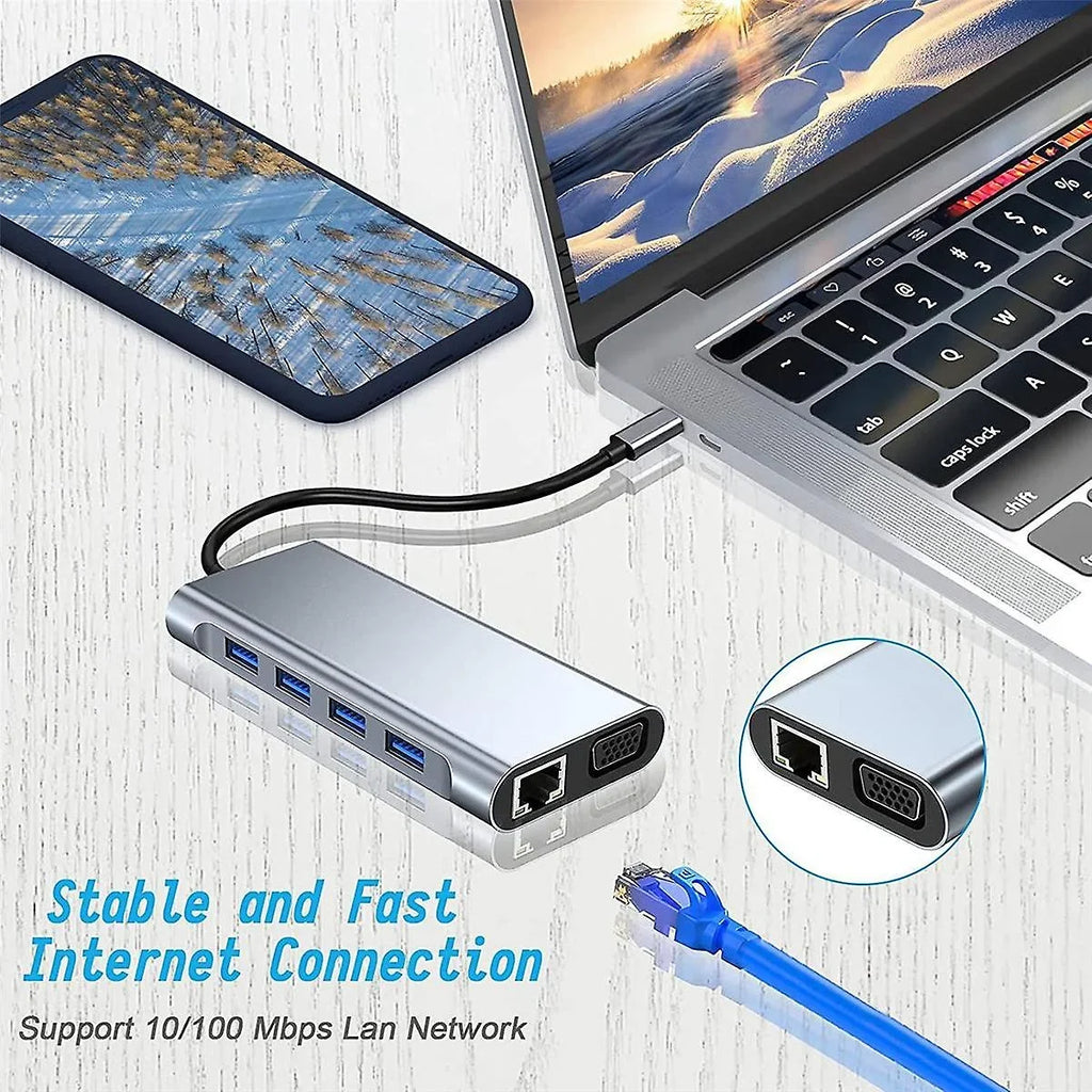 Laptop with Gigabit Pro,Air 11-in-1 Dell VGA,Type-C HDMI, Power,USB Kidsol USB MacBook C 3.5mm LAN,SD,MicroSD,Compatible Ports A*4, 4K Station PD100W Lenovo with HP Multi-Port Docking