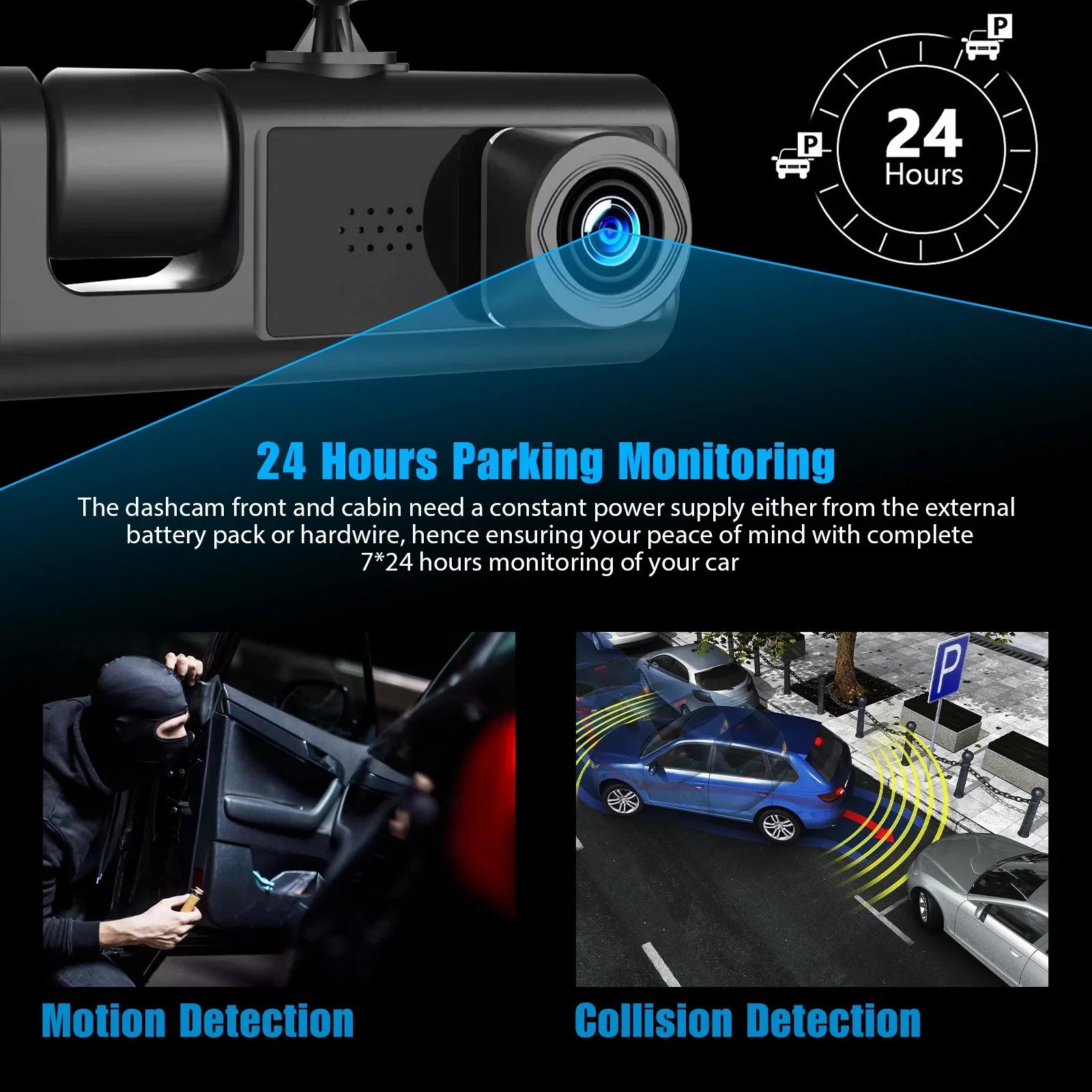 and Parking for Dash 3 Inside Night Triple Vision, Full Front Monitor Dashcam Card, Channel 1080P Cars, HD Rear Camera Three W/IR Dash Loop Car Camera Recording, TF Cam W/32GB Way G-Sensor,