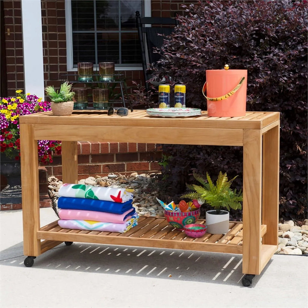 Shelf Afuera Living Kitchen Outdoor Island in Slatted Rolling & Top Wood Natural