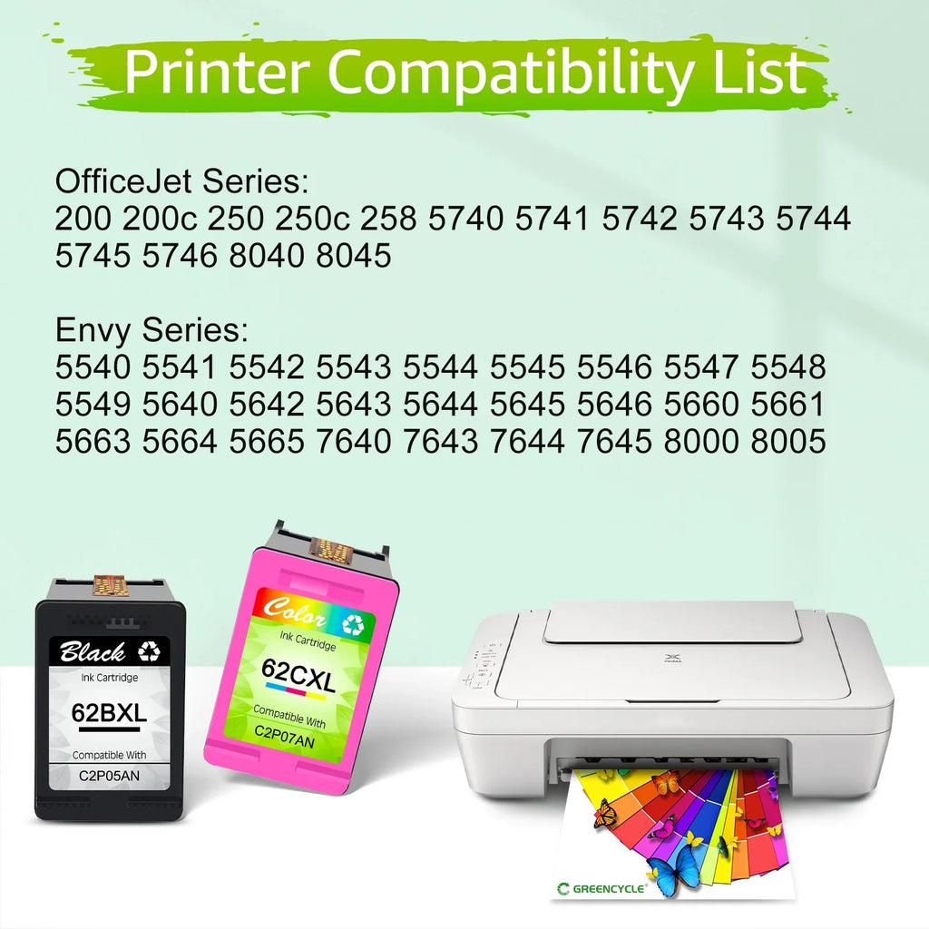 Replacement 5640 GREENCYCLE Cartridges 62 High 62XL Ink 5660 HP for OfficeJet 7644 Envy Tri-Color) OfficeJet 5740 7645 Yield 250 XL (6 5540 Compatible 8040 with 200