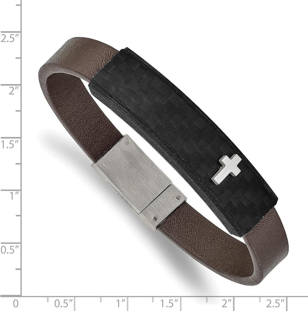 Polished - Faux Steel Chisel Fiber Carbon Cross 8" Stainless Bracelet Brown Leather Solid