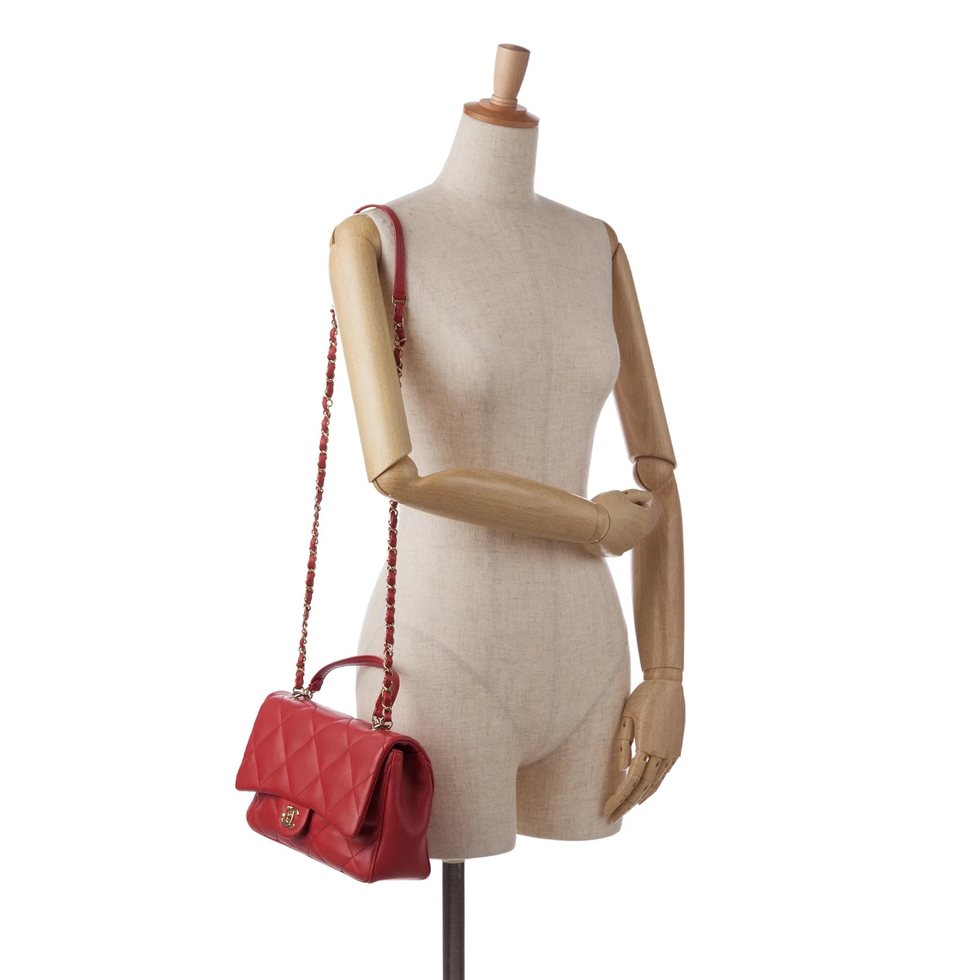 Bag Satchel Unisex Easy Pre-Owned Lambskin Carry (Good) Flap Authenticated Small Leather Chanel Red