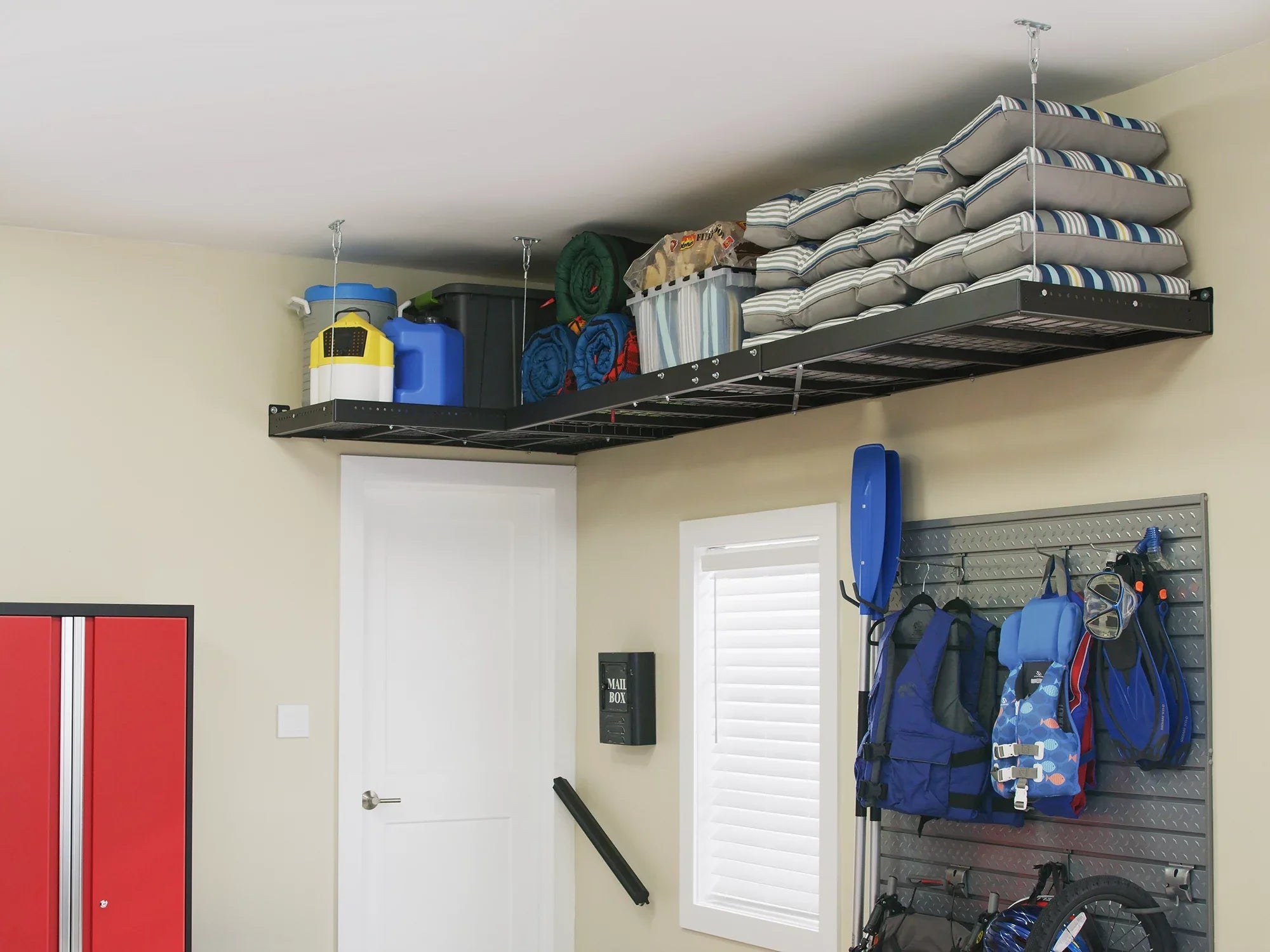 Duty Garage Storage Steel Slatwall Set, Wall Bold System, NewAge Cabinet Shelf Heavy Mounted Red / Products Included Series 24-Gauge 13 Piece