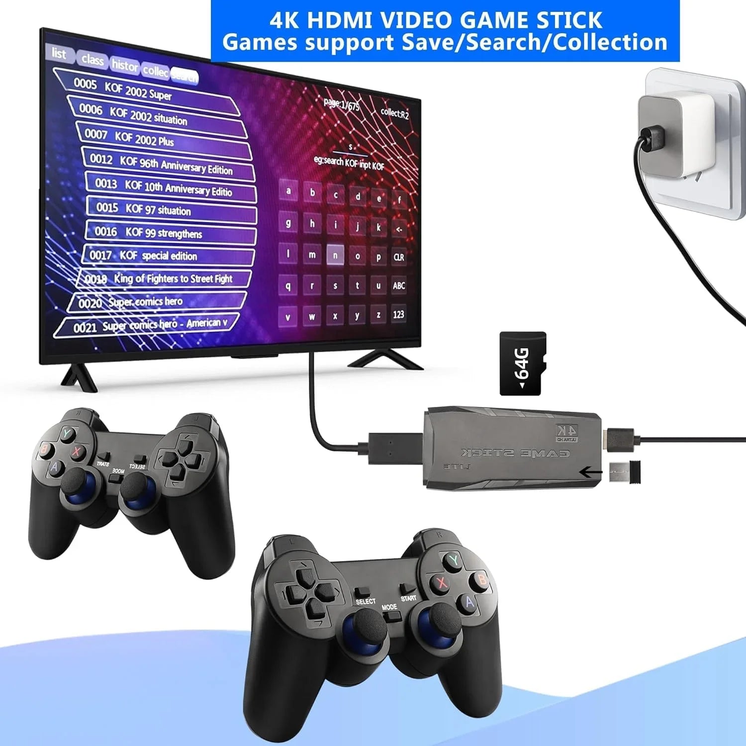 HD Built and with 4K Game Game Output Play 2.4GHz Retro Video 10000+ Emulators, in Wireless 9 Controllers Stick,Wireless Game (64G) Stick Retro Plug Console Games,
