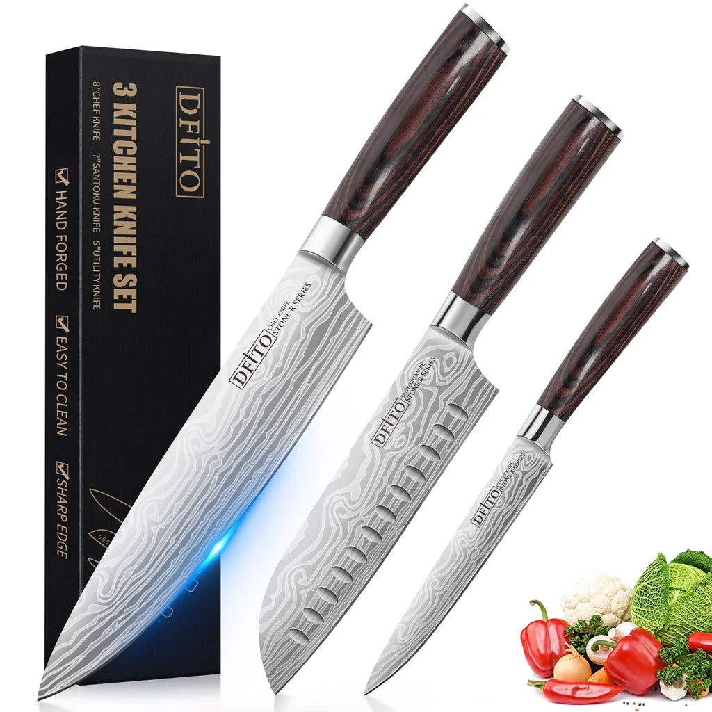 or and Knife, Steel Set, Chef Knife 3PCS Box Kitchen Sharp Ultra Home Stainless for Gift Knives,High Professional Blade, Chefs DFITO Restaurant Carbon Handle Ergonomic