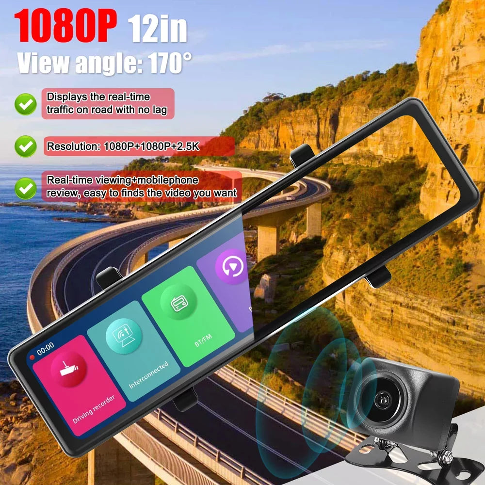 Cam Cameras 2.5K Car Car Video OWSOO 12in Mirror Car Recorder Clear Screen Driving Dash 3 Rearview Touched Auto Recorder Carplay Recording