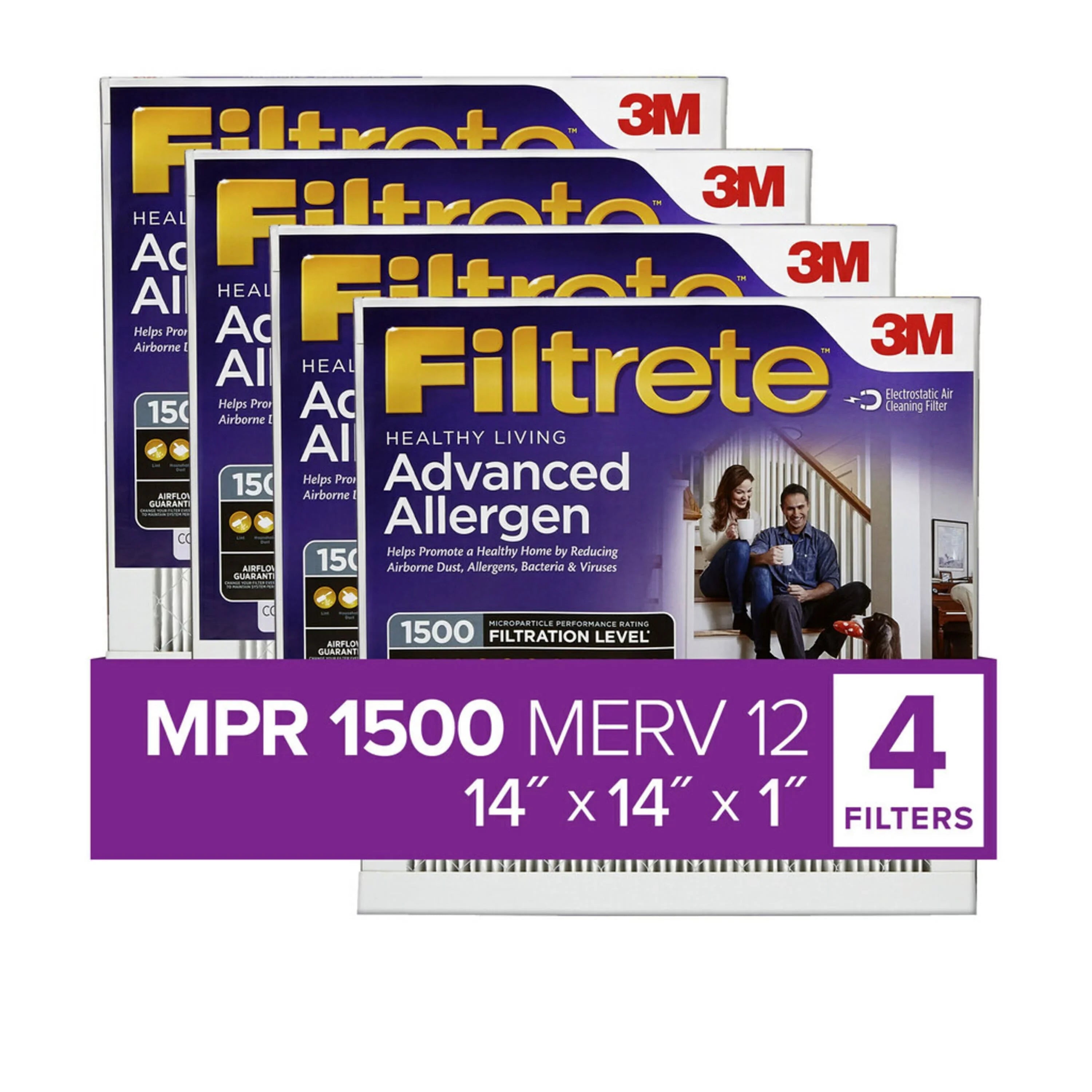 Advanced Air Filter, Filters Reduction, 14x14x1 Allergen 1500 MERV 12, Filtrete MPR 4