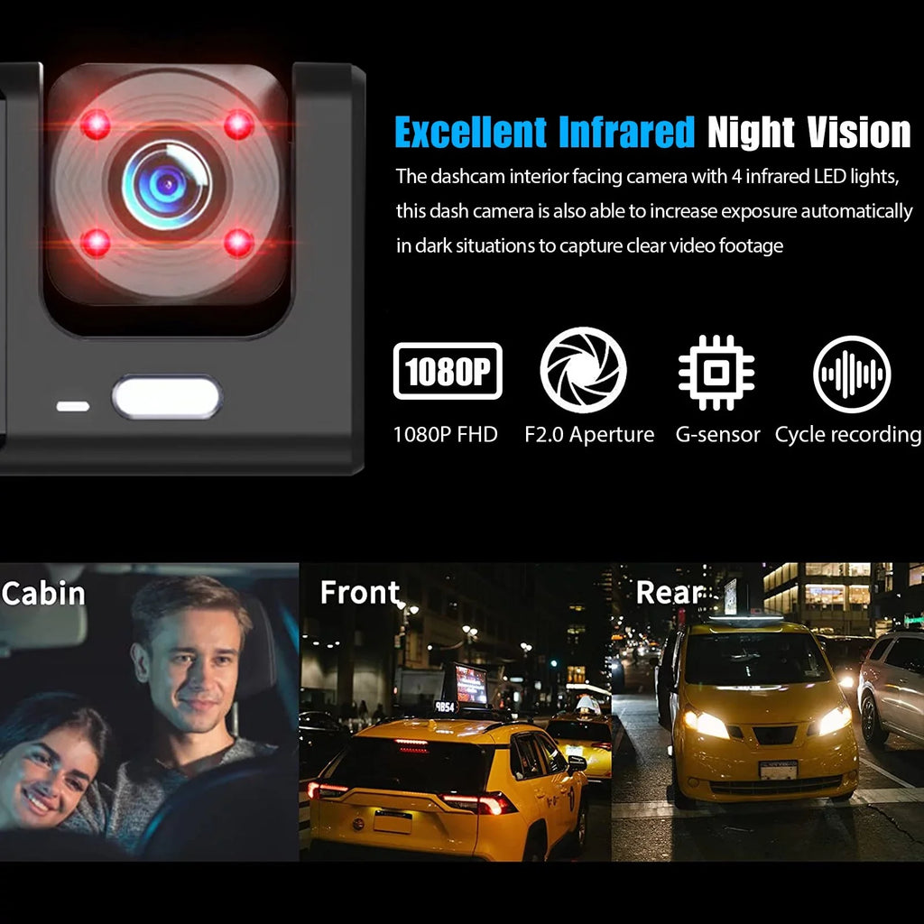 and Parking for Dash 3 Inside Night Triple Vision, Full Front Monitor Dashcam Card, Channel 1080P Cars, HD Rear Camera Three W/IR Dash Loop Car Camera Recording, TF Cam W/32GB Way G-Sensor,