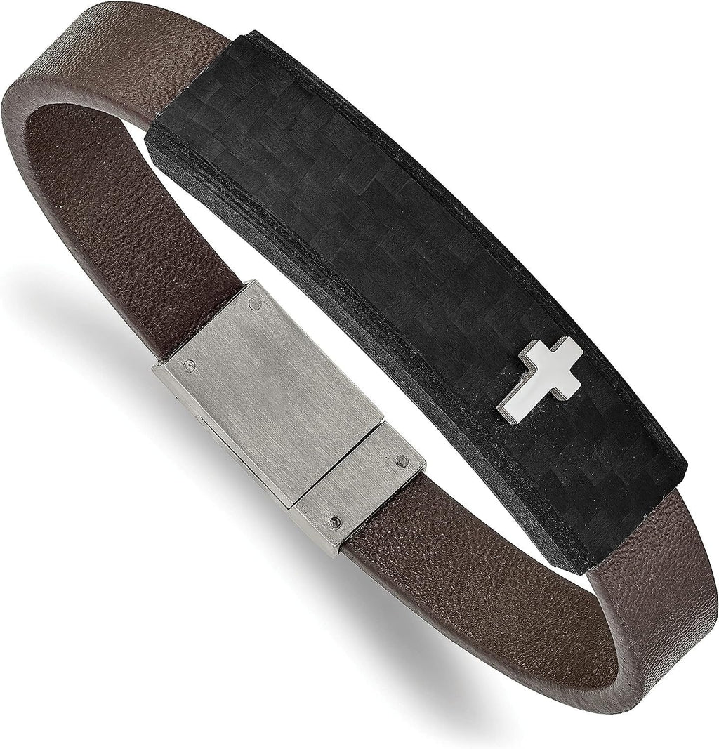 Polished - Faux Steel Chisel Fiber Carbon Cross 8" Stainless Bracelet Brown Leather Solid