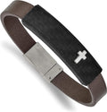 Polished - Faux Steel Chisel Fiber Carbon Cross 8" Stainless Bracelet Brown Leather Solid