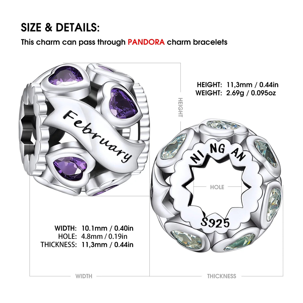 Bracelets 925 Heart Birthstone NINGAN Silver Pandora February Bead Love Charms Charms Openwork Sterling for