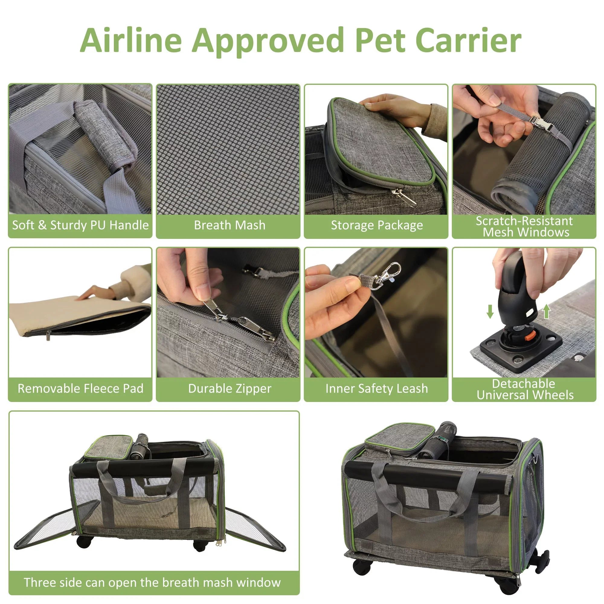 Soft-Sided and Cat Wheel Carrier Dogs Removable Pet with Pet Cat Wheels Mesh Strap Airline Approved Safety with and Base, Carrier Handle, for Telescopic Dog, for Cats, Carrier &